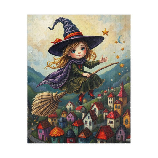 Friendly Flying Folklore - Whimsical Halloween Witch Jigsaw Puzzle, Folk Art Gift for Adult Puzzle Lover Family Game Night Indoor Activity