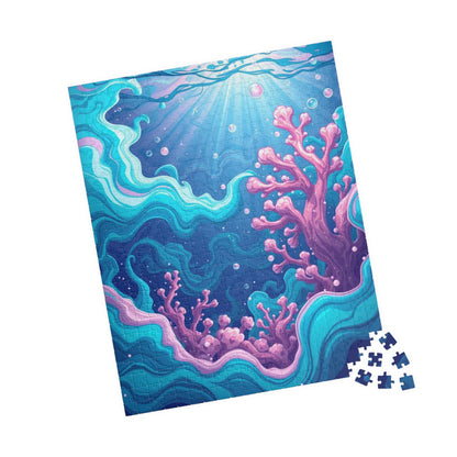 Abstract Underwater Scene Puzzle - Teal Aqua Pink Waves Coral Bubbles Light Beams Jigsaw Game Puzzle The Puzzle Chest