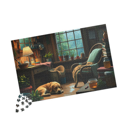 Jigsaw Puzzle, Cozy Garden Workshop Interior with Dog, Hobby Activity, Relaxing Pastime, Indoor Entertainment, Mindful Meditation, Stress
