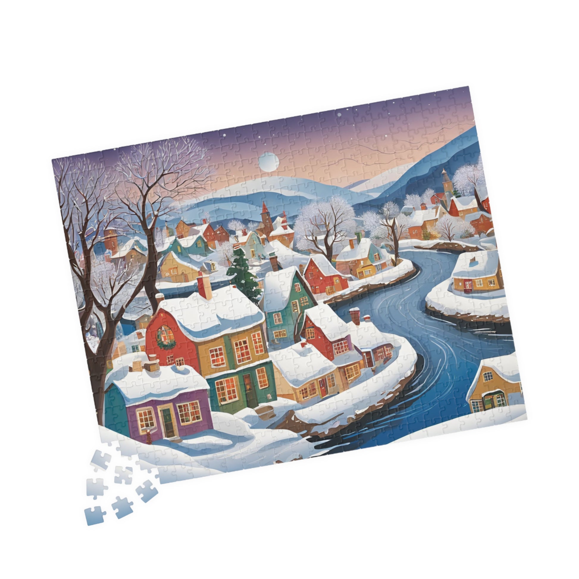 Charming Village Winter Scene Puzzle, Snowy River Landscape Jigsaw Game, 110 252 520 1014-Pieces, Adult Family Fun Activity The Puzzle Chest