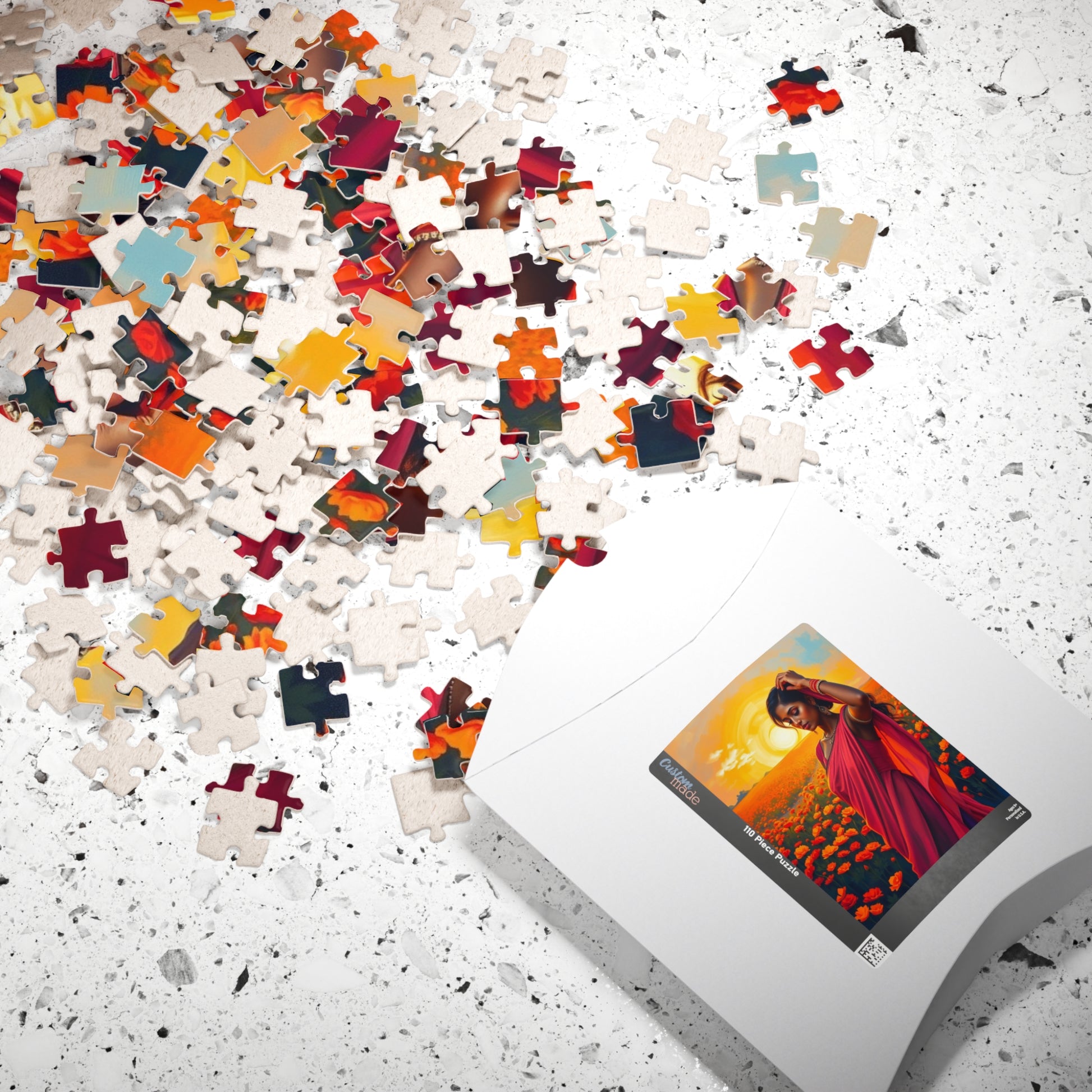 Jigsaw Puzzle, South Asian Woman in Marigold Field Sunset, 110 252 520 1014-Piece, Meditation Relaxation Activity, Mindfulness Gift, Ethnic Puzzle The Puzzle Chest