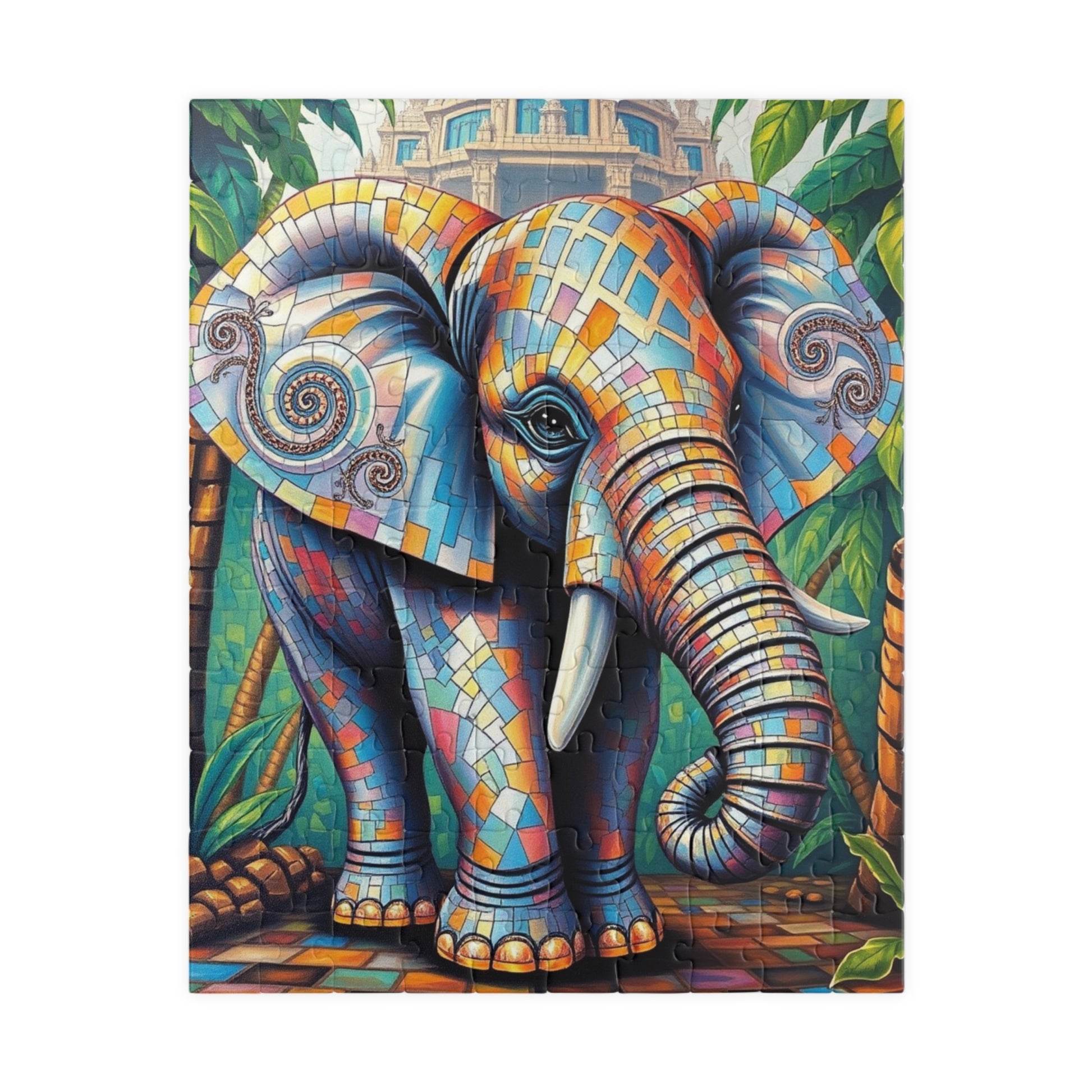 Majestic Mosaic Elephant Jigsaw Puzzle, Unique Mosaic Tile Artwork in a Jungle Setting, Challenging Animal Puzzle for Adults, Unique Gift 110 pcs (Vertical) Puzzle The Puzzle Chest