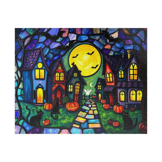 Halloween Puzzle for Adults - Spooky Village Black Cat Scene