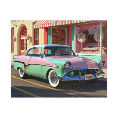 Vintage Car Puzzle - 1957 Metropolitan Classic Auto Jigsaw Game, Nostalgic Candy Shop Design 520 pcs (Horizontal) Puzzle The Puzzle Chest