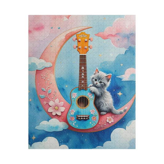 Whimsical Ukulele Cat on Crescent Moon Jigsaw Puzzle, Musical Theme Gift for Music Lover Musician Music Teacher and Cat Fan, Indoor Activity