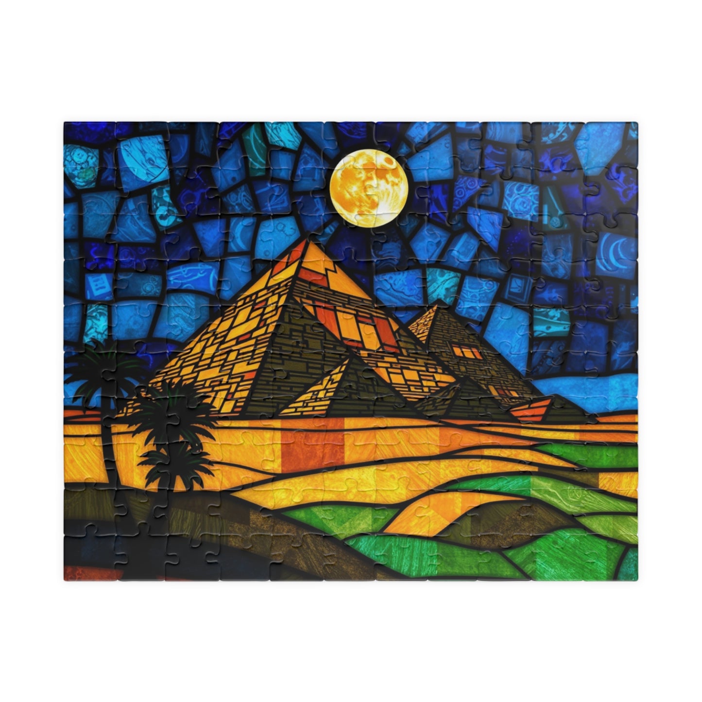 Stained Glass Pyramids of Giza Jigsaw Puzzle, Mosaic Style Starry Night, 110 252 520 1014-Piece, Egyptian Travel Hobby, Puzzle Lover Gift 110 pcs (Horizontal) Puzzle The Puzzle Chest