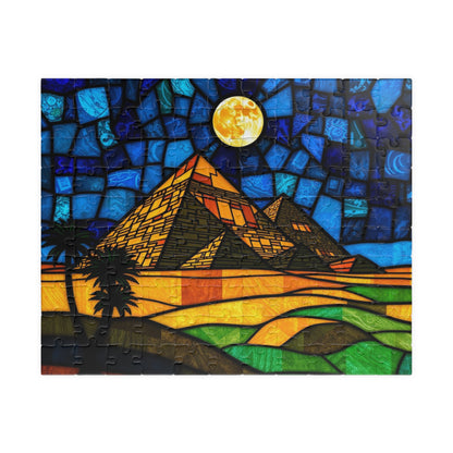 Stained Glass Pyramids of Giza Jigsaw Puzzle, Mosaic Style Starry Night, 110 252 520 1014-Piece, Egyptian Travel Hobby, Puzzle Lover Gift 110 pcs (Horizontal) Puzzle The Puzzle Chest