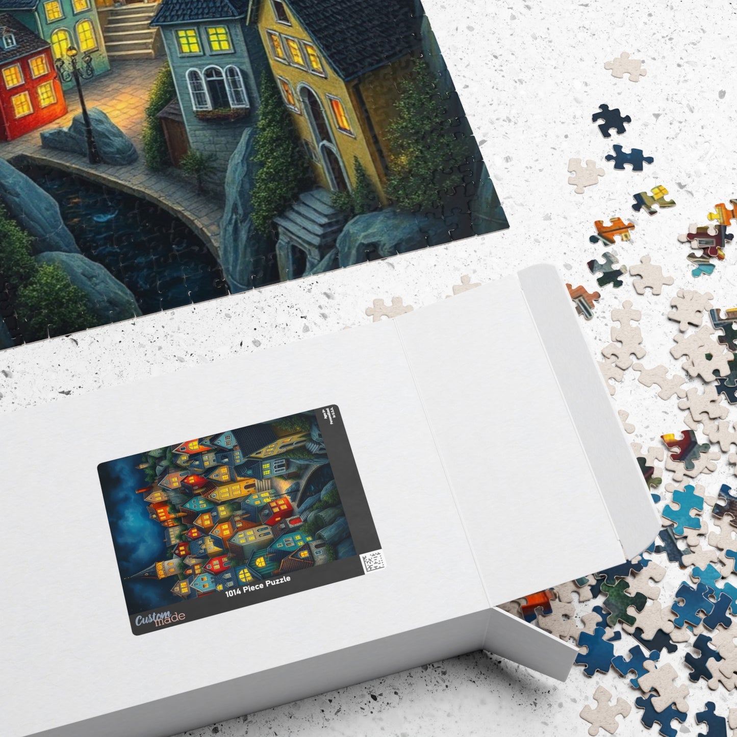 Village Puzzle at Night with Colorful Houses and Glowing Windows, Nighttime Adult Jigsaw Game, Bioluminescent Town The Puzzle Chest