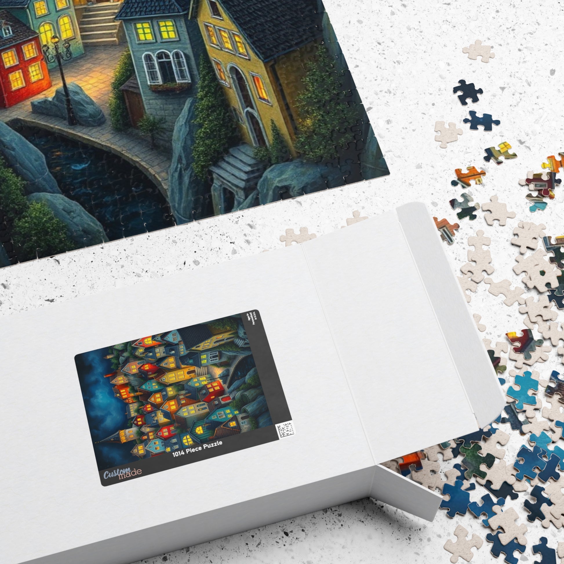 Village Puzzle at Night with Colorful Houses and Glowing Windows, Nighttime Adult Jigsaw Game, Bioluminescent Town The Puzzle Chest