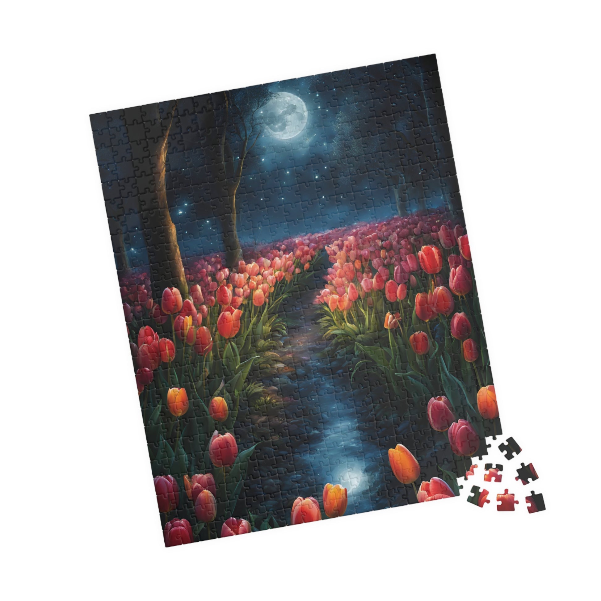 Magical Nighttime Tulip Puzzle, Peaceful Floral Scene Under the Moon, Glowing Flowers and Tranquil River Jigsaw Game, Gift for Nature Lover Puzzle The Puzzle Chest
