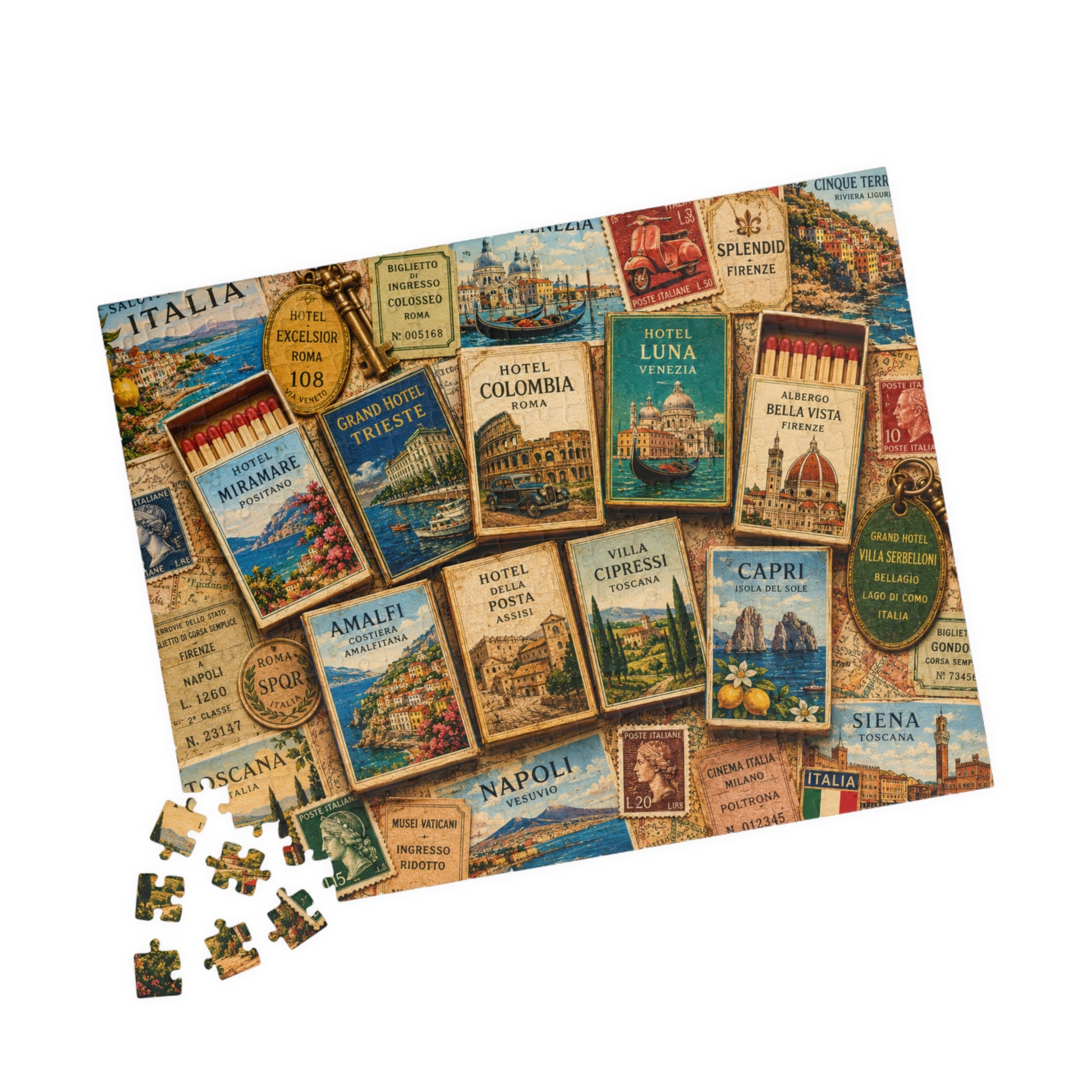 Italy Matchbook Puzzle | Italian Travel Memorabilia Jigsaw | Mediterranean Landmark European Vacation Nostalgia 252 pcs (Horizontal) Puzzle The Puzzle Chest