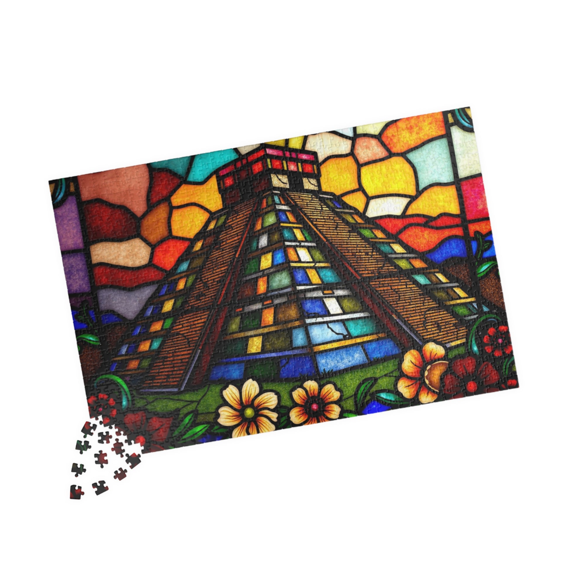 Stained Glass Chichen Itza Pyramid Jigsaw Puzzle, Historic Mayan Famous Landmark, Travel-Inspired Frameable Art Giftable Puzzle Puzzle The Puzzle Chest