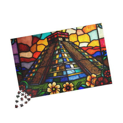 Stained Glass Chichen Itza Pyramid Jigsaw Puzzle, Historic Mayan Famous Landmark, Travel-Inspired Frameable Art Giftable Puzzle Puzzle The Puzzle Chest