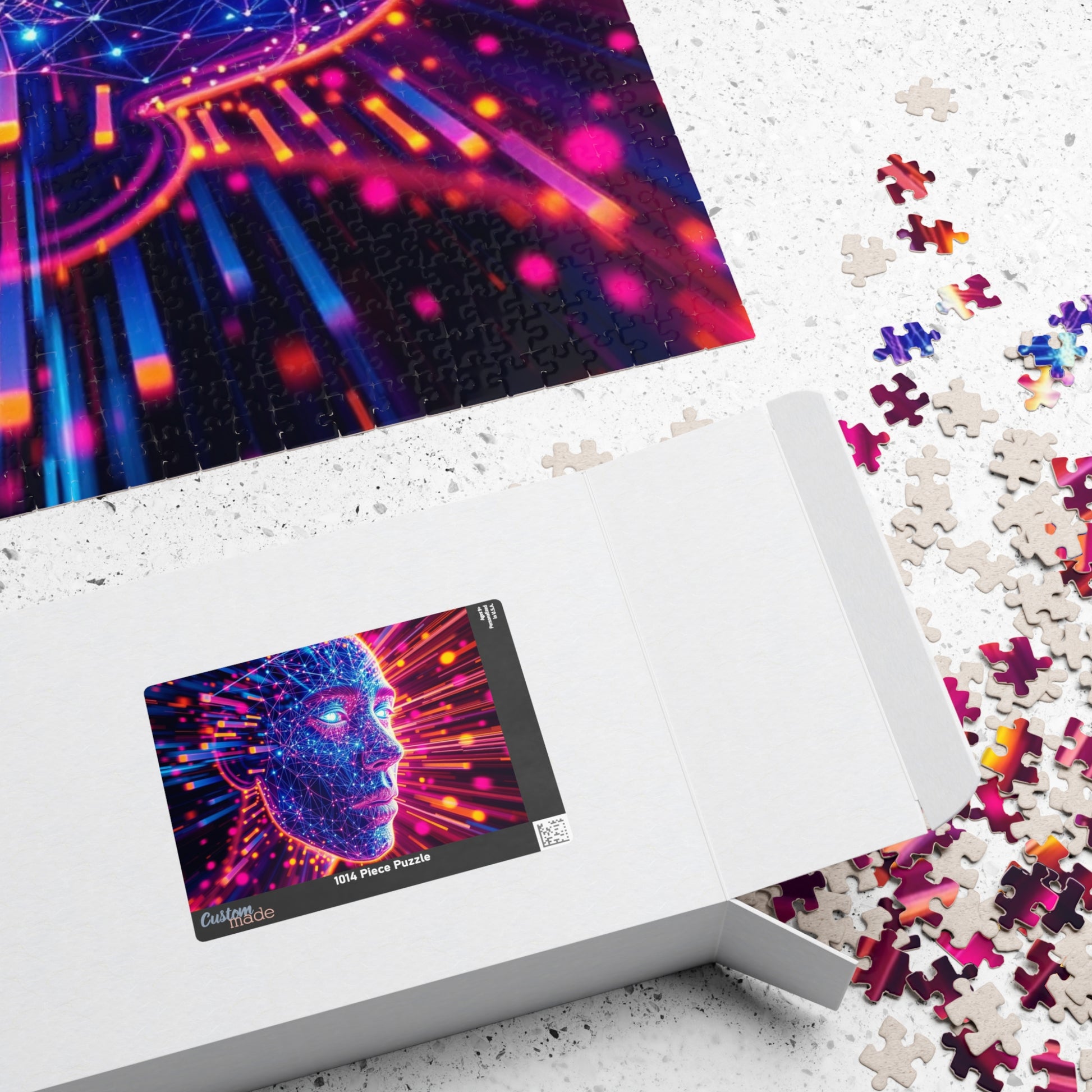 Abstract Human Face Jigsaw Puzzle, Colorful Glowing Electric Lines and Dots Design, Unique Gift for Bold Modern Art Lover Collector Hobbyist Puzzle The Puzzle Chest