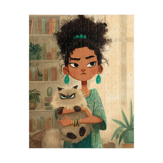 Funny Cat Cartoon Puzzle for Adults - Woman Holding Grumpy Kitten, Watercolor Illustration Puzzle The Puzzle Chest