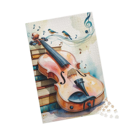Violin and Books Jigsaw Puzzle, Unique Birthday or Holiday Gift for Music Lover, Bookworm & Musician, Indoor Activity, Family Game Night