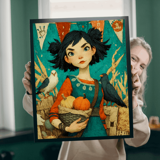 Whimsical Harvest Festival Jigsaw Puzzle - Asian Girl Fairy-Tale Autumn Scene with Doves, Gourds, Hay Bales, Crates, and Festive Banners Puzzle The Puzzle Chest