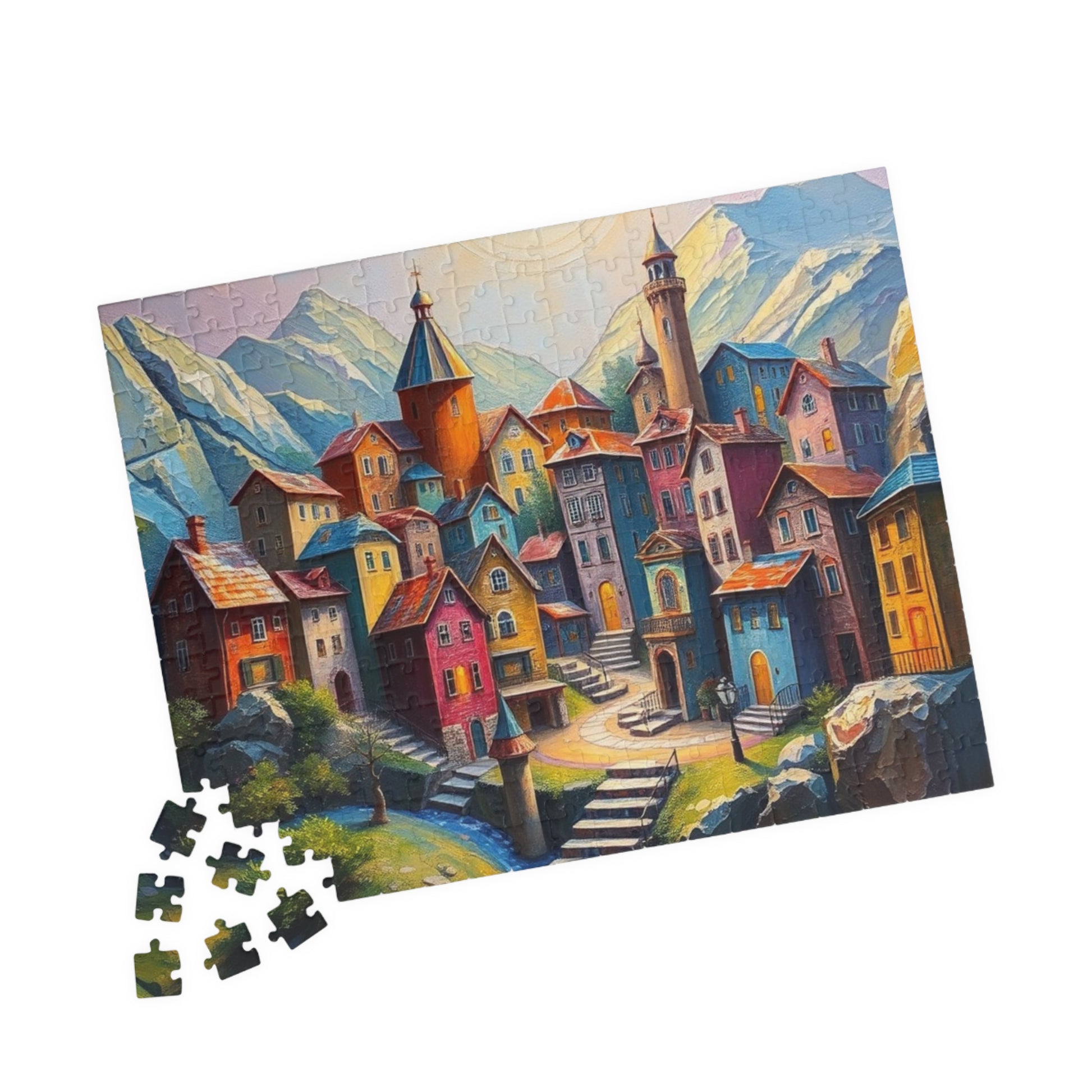 Unique 3D Village Jigsaw Puzzle 110, 252, 520, 1014-piece, Featuring a Colorful Ethereal Town Scene, Mindfulness Gift for Puzzle Enthusiast The Puzzle Chest