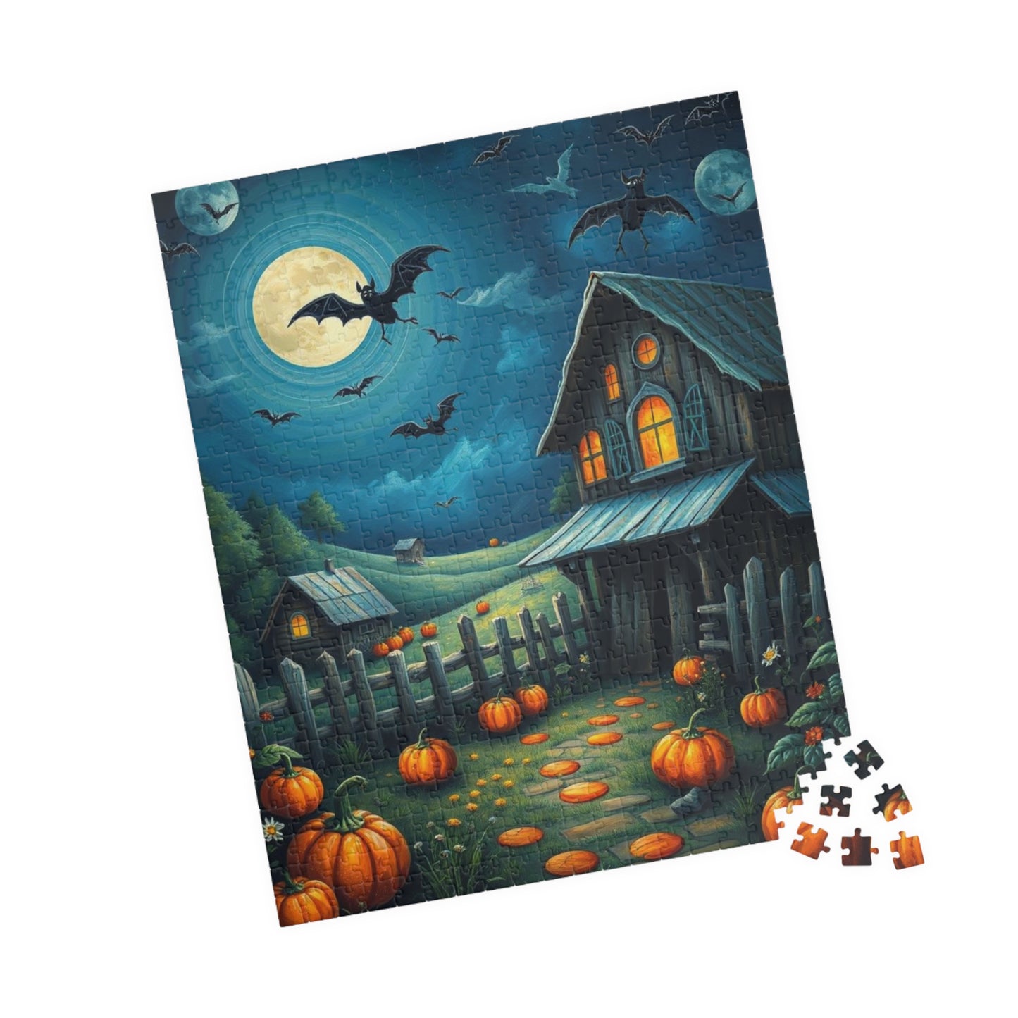Moonlight Barn Halloween Puzzle, Spooky Night Scene 110 252 520-Piece Jigsaw Perfect Birthday Gift for Puzzle Lover, Fall Decor, Family Fun