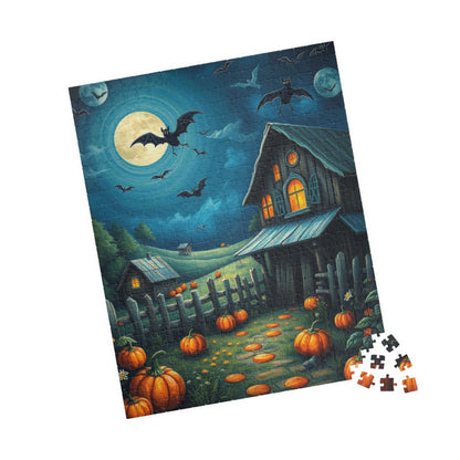 Moonlight Barn Halloween Puzzle, Spooky Night Scene 110 252 520-Piece Jigsaw Perfect Birthday Gift for Puzzle Lover, Fall Decor, Family Fun