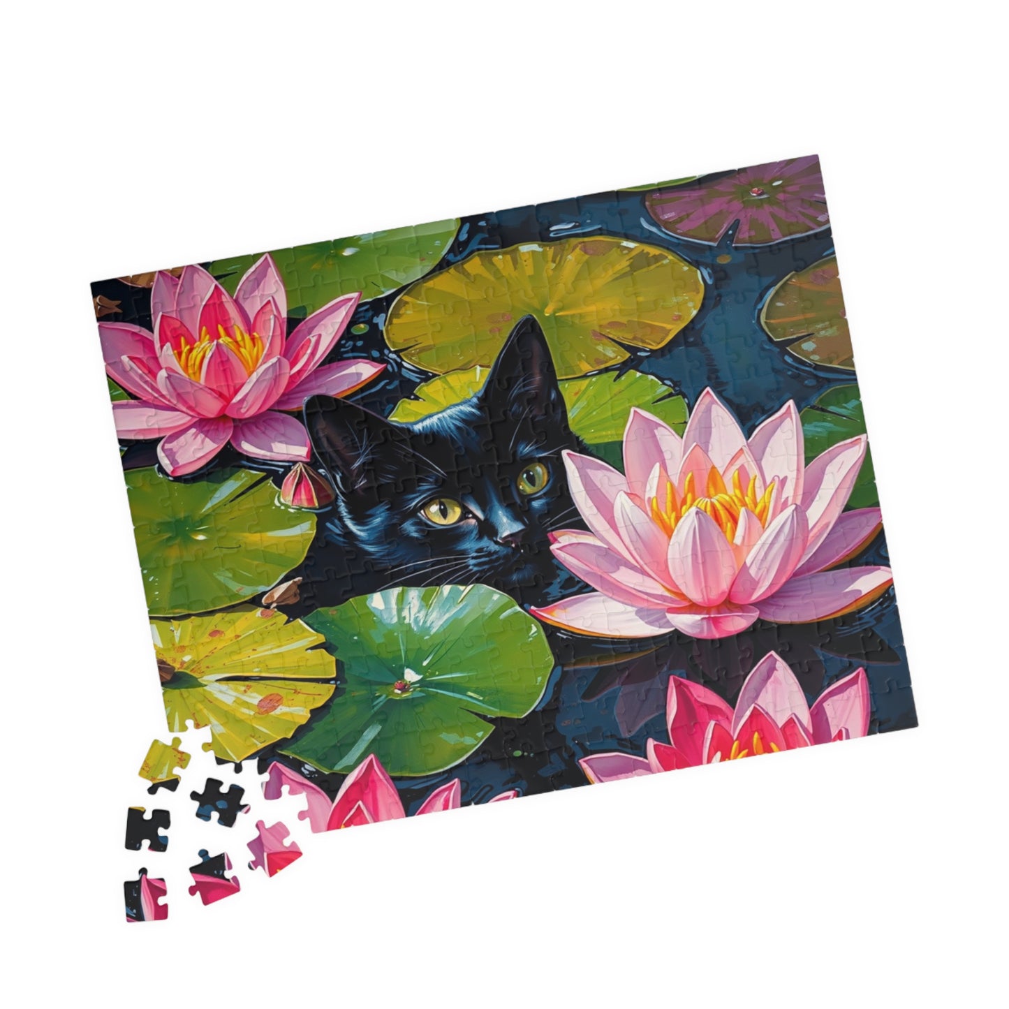Black Cat Among Water Lilies Puzzle | 110-1014 Piece Animal Jigsaw 252 pcs (Horizontal) Puzzle The Puzzle Chest