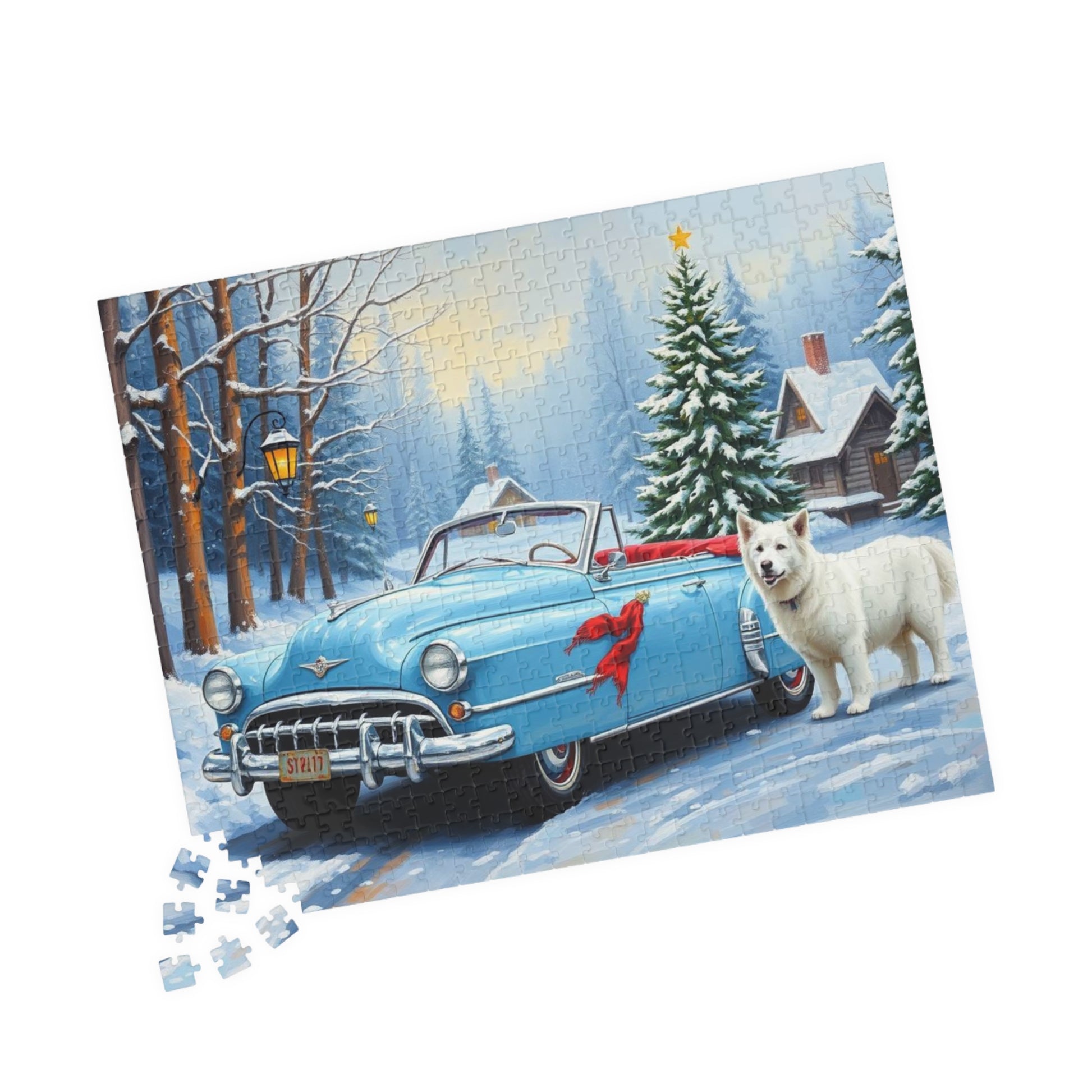 Evergreen Lane Jigsaw Puzzle - Vintage Car and Dog Scene, Holiday Gift for Friends, Family Activity, Christmas Cozy Indoor Fun Art Piece Puzzle The Puzzle Chest