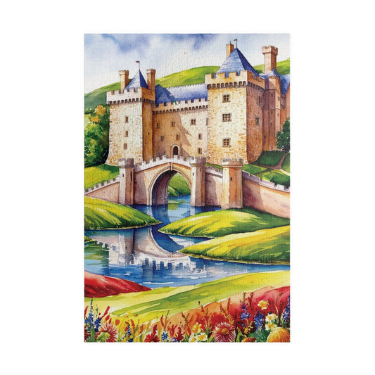 Medieval Castle Landscape Jigsaw Puzzle, Serene Moat Drawbridge Rolling Hills and Colorful Flowers, Challenging Family Game, Mindfulness 1014 pcs (Vertical) Puzzle The Puzzle Chest