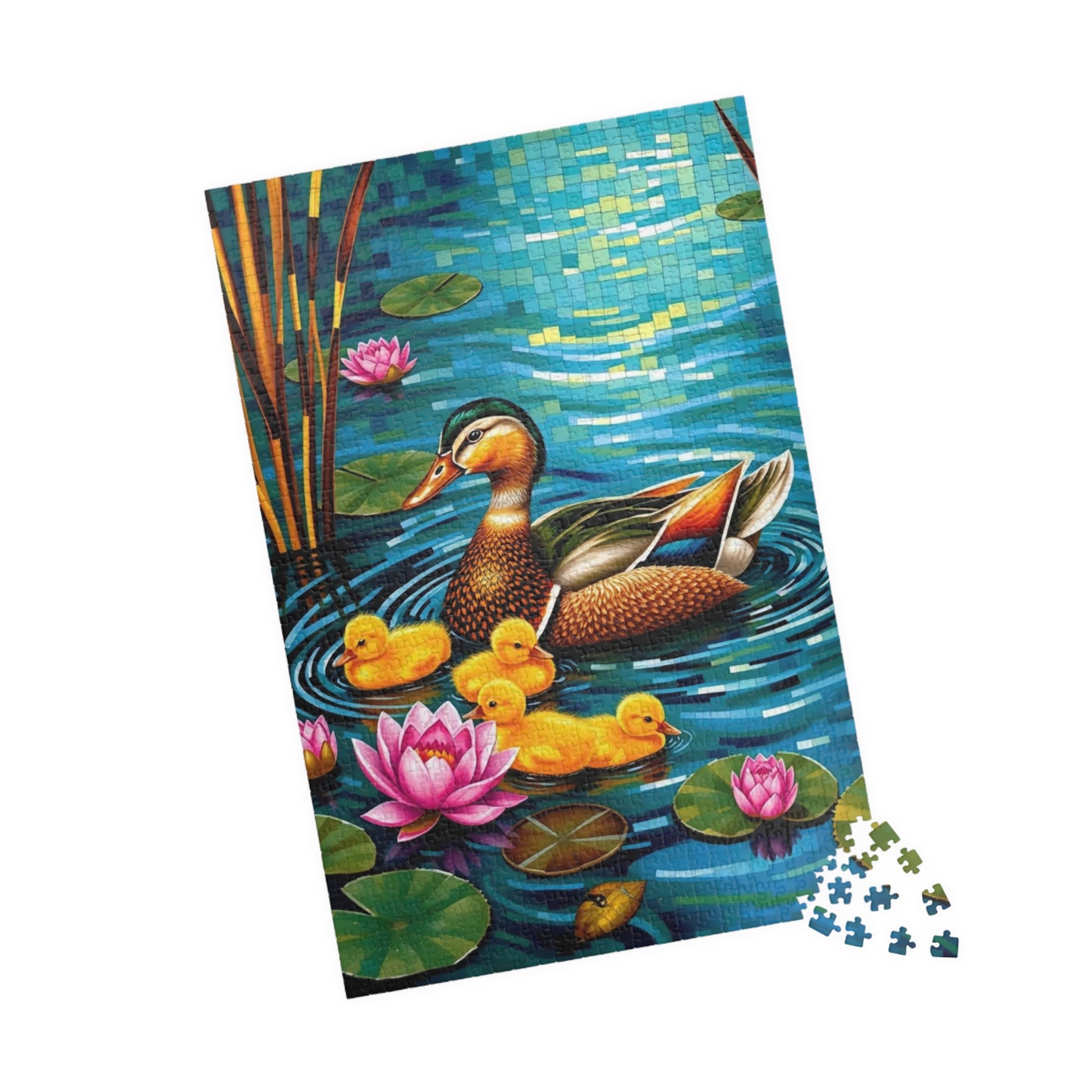 Waterfowl Mosaic Puzzle, Beautiful Mother Duck and Ducklings, Duck Family on a Lotus Pond Nature-Themed Jigsaw Game, Animal Bird Lover Gift Puzzle The Puzzle Chest