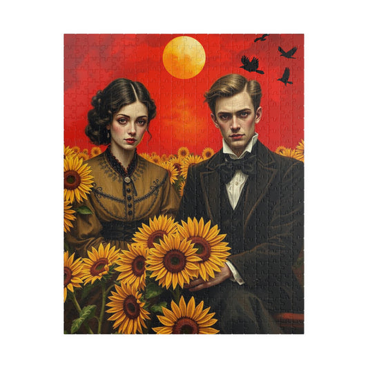 Vintage Sunflower Puzzle - Gothic Couple, Dark Fantasy Art Jigsaw Game, Creative Gift Idea for Friends, Family or Solo Fun, Brain Teaser