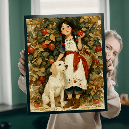 Autumn Orchard Jigsaw Puzzle - Brunette Girl and Dog, Apple Picking Game for Family Night or Solo Fun, Gift, Brain Teaser Puzzle The Puzzle Chest
