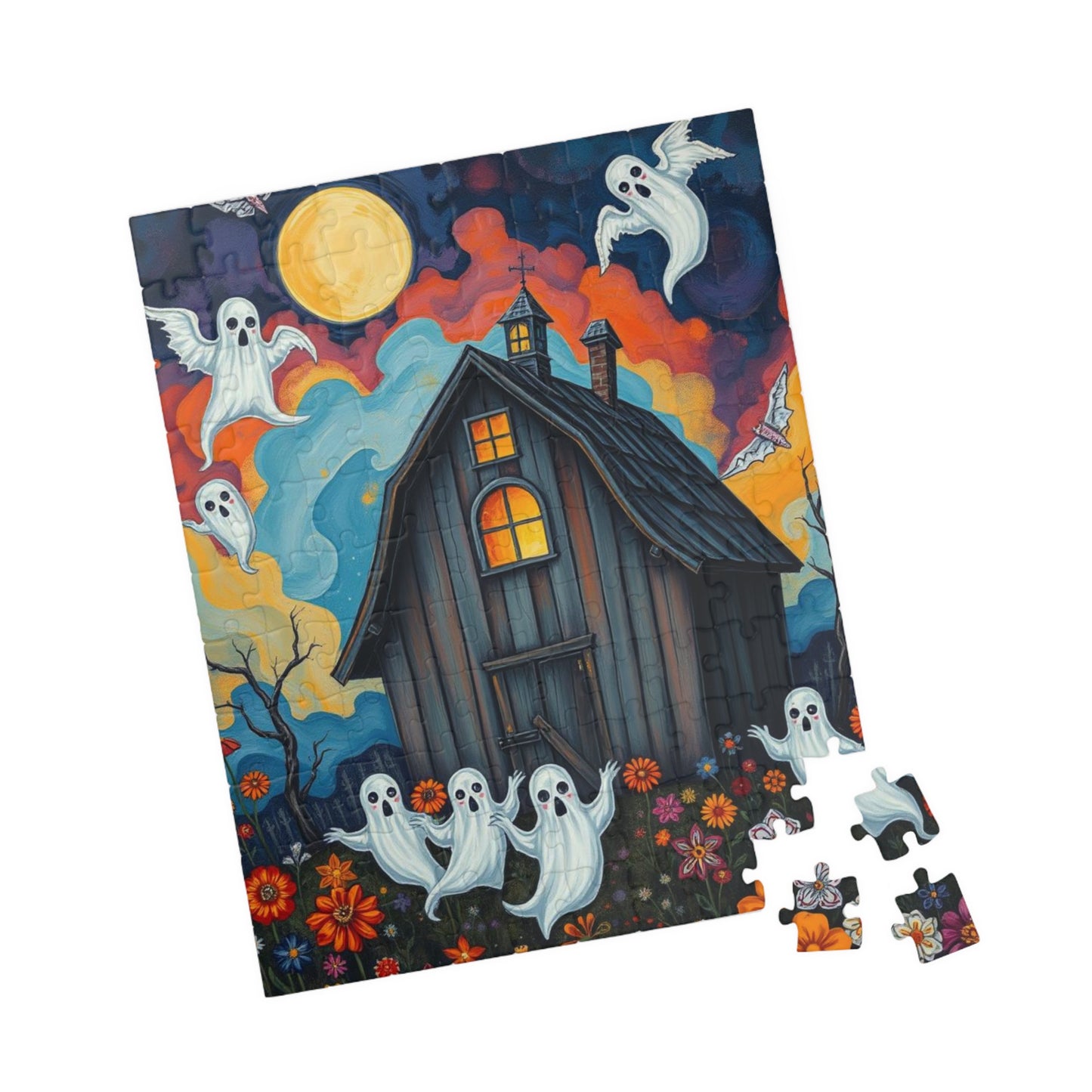 Boo In Bloom Jigsaw Puzzle - Spooky Halloween Haunted House, 110-520 Piece Jigsaw Ghostly Theme, Family Fun Activity, Trick-or-Treat Gift