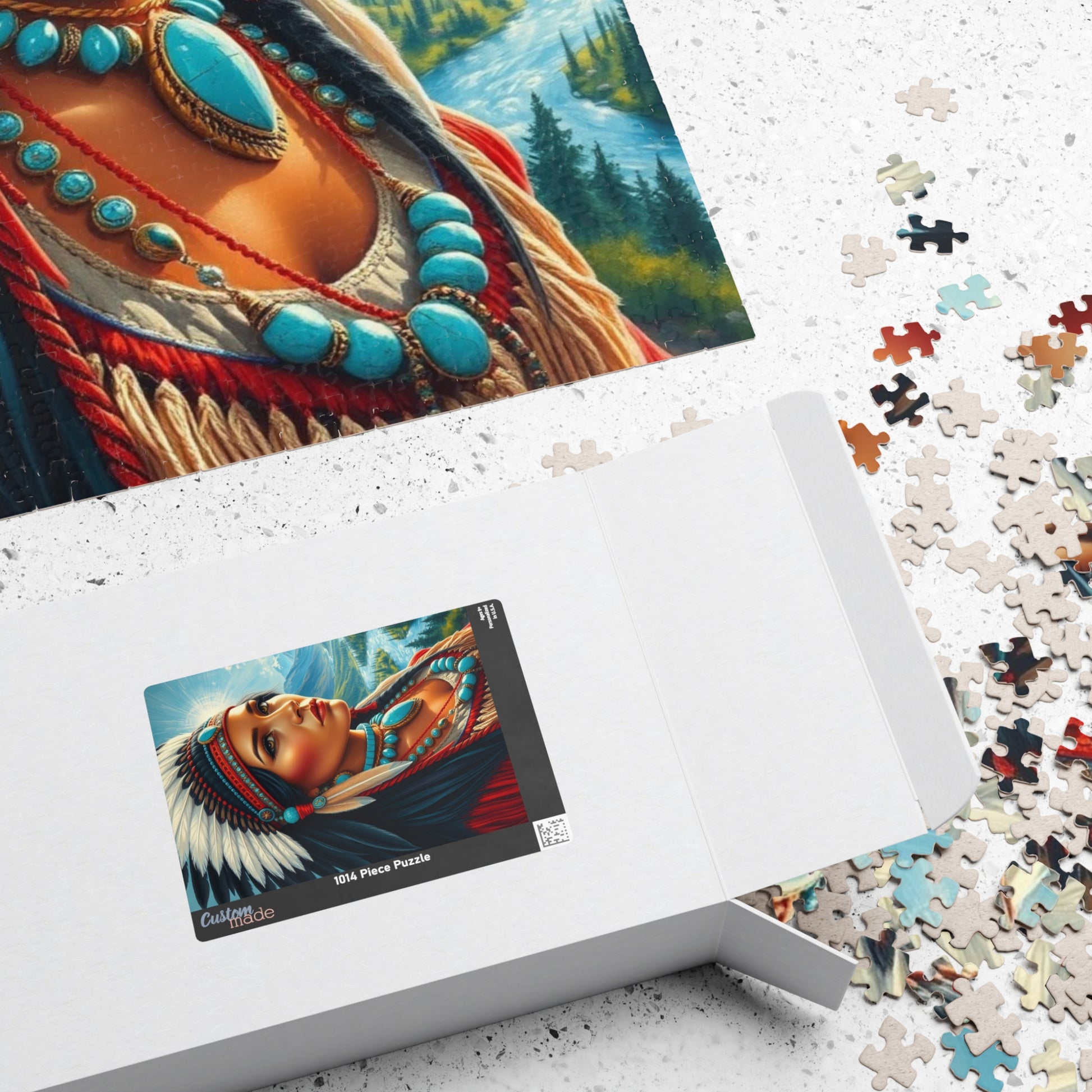 Puzzle, Indigenous Bride with Dark Eyes and Tan Skin, Buckskin Dress, Turquoise Necklace, Feather Headdress Natural Landscape, Mountains, Puzzle The Puzzle Chest