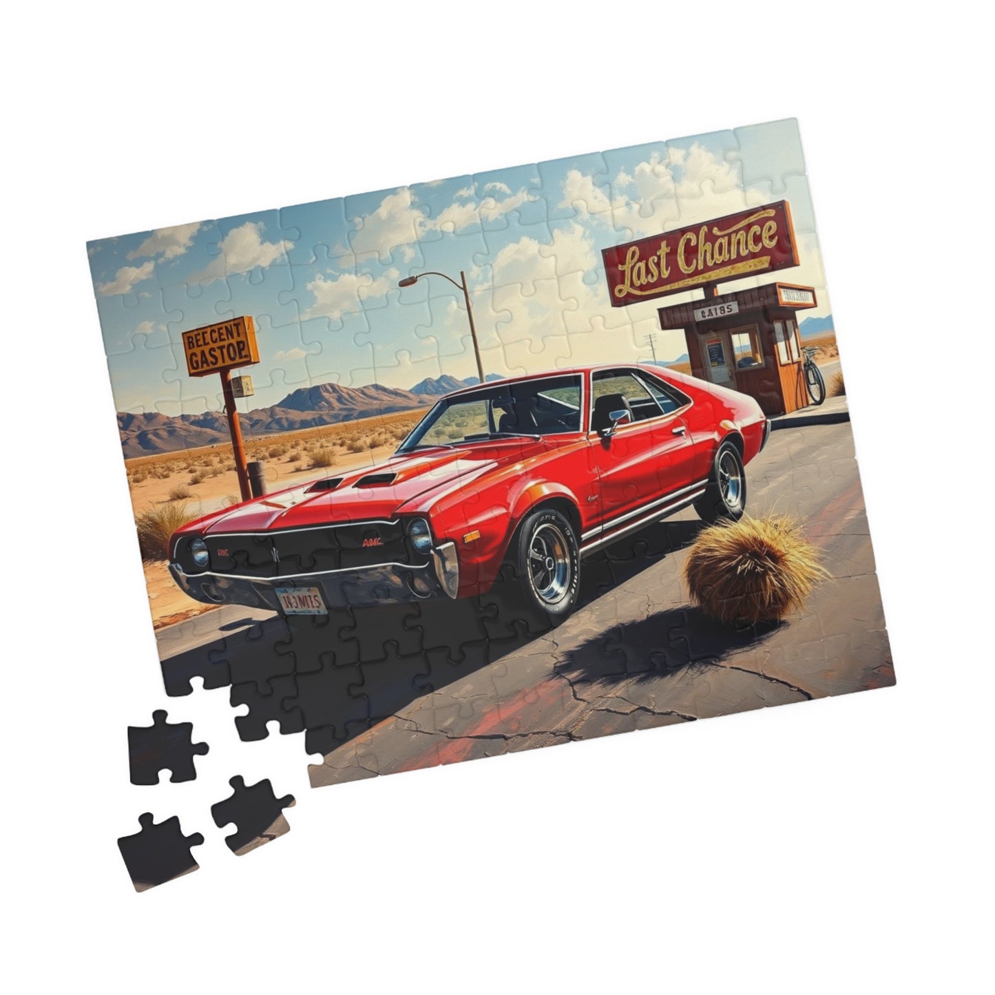 Vintage Car Puzzle, Classic Red 1969 AMC AMX, Desert Setting with Rusty Gas Sign and Tumbleweed, Retro Car Enthusiast Puzzle Lover Gift Puzzle The Puzzle Chest