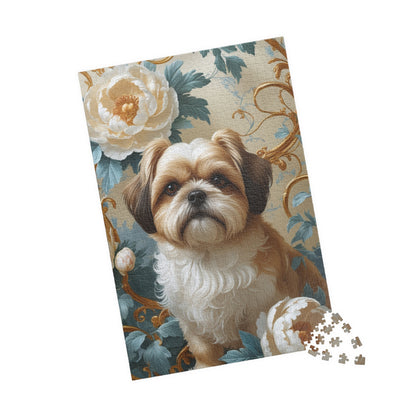 Jigsaw Puzzle - William Morris-Inspired Design with Shih Tzu and Peonies, 110, 252, 520, 1014-piece, Mind Teaser Brain Game Family Fun, Gift