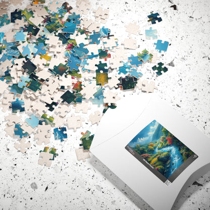 Mystical River Valley Jigsaw Puzzle, Fantasy Landscape with Vibrant Trees and Flowers, Ethereal Scene of Nature's Beauty and Tranquility Puzzle The Puzzle Chest