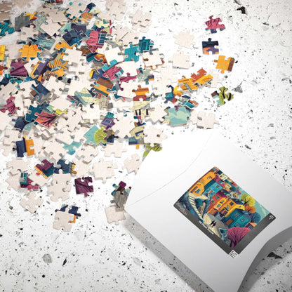 Bright Cheerful Town Jigsaw Puzzle – Artistic Houses, Winding Path, and Whimsical Neighborhood Landscape Puzzle The Puzzle Chest