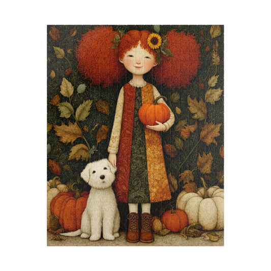 Pumpkin Patch Storybook Fairy-Tale Puzzle – Red-Haired Girl and White Terrier in a Whimsical Autumn Scene Puzzle The Puzzle Chest