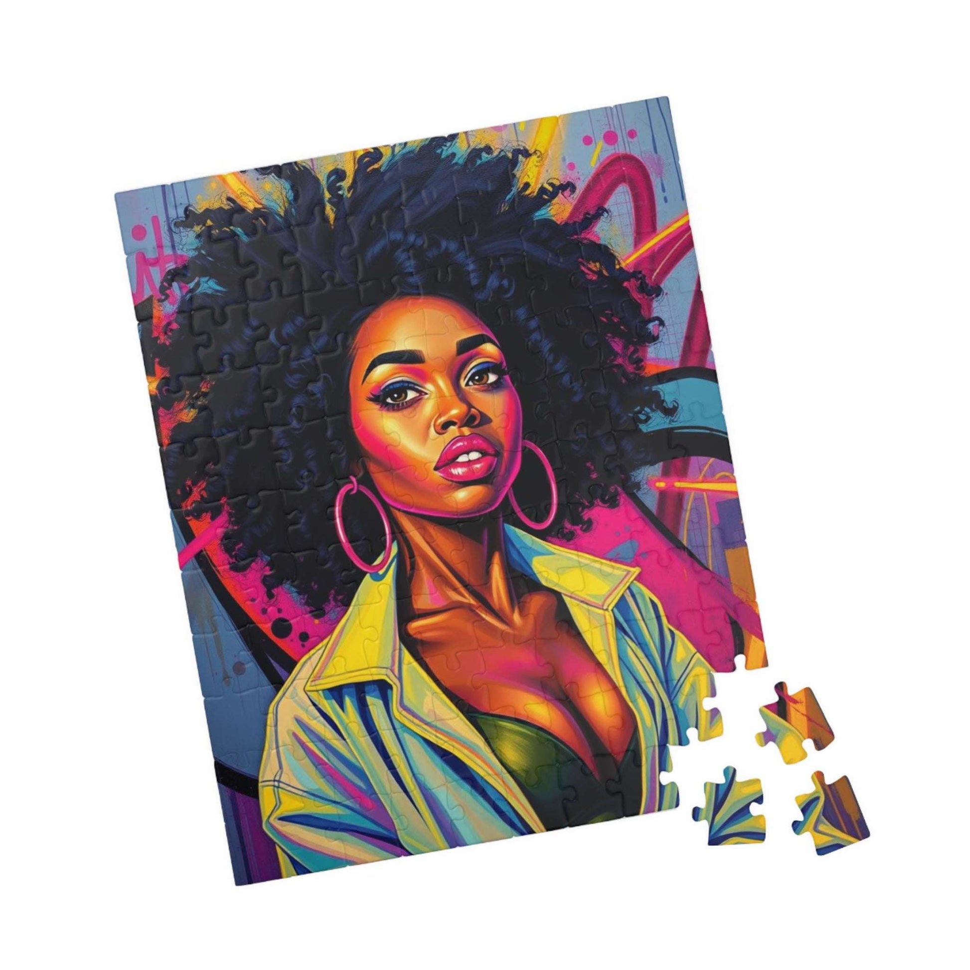 Black Woman Afro Puzzle - Abstract Pop Art Graffiti Background Jigsaw, Afrocentric, Black Art, 110, 252, 520, 1014-piece 110 pcs (Vertical) Puzzle The Puzzle Chest