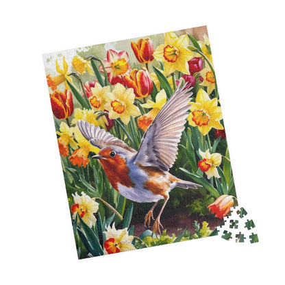 Robin Bird Flying Garden Puzzle, Tulips Daffodils Spring Landscape Jigsaw, 110 252 520 1014 Piece Game, Relaxation Hobby Gift, Nature Puzzle The Puzzle Chest