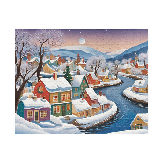Charming Village Winter Scene Puzzle, Snowy River Landscape Jigsaw Game, 110 252 520 1014-Pieces, Adult Family Fun Activity 252 pcs (Horizontal) The Puzzle Chest