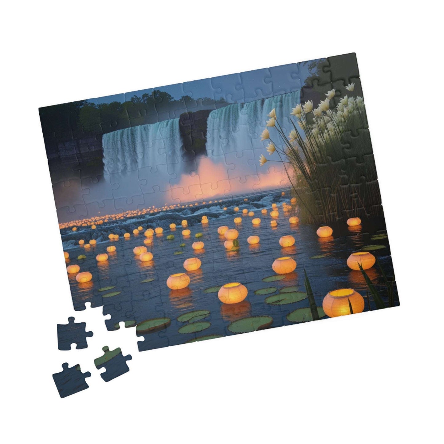 The Mighty Niagara Falls Landmark Jigsaw Puzzle, Nighttime Scene with Floating Lanterns and Lilies, Gift for Nature Lover, Puzzle Enthusiast Puzzle The Puzzle Chest