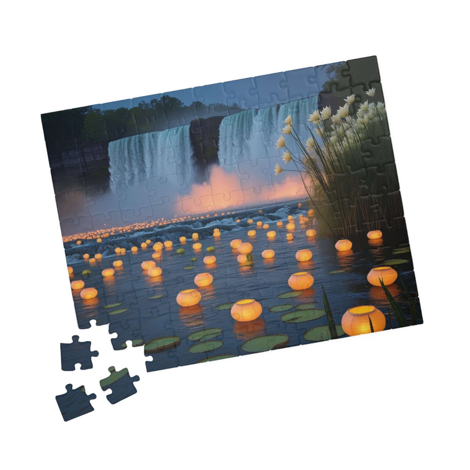 The Mighty Niagara Falls Landmark Jigsaw Puzzle, Nighttime Scene with Floating Lanterns and Lilies, Gift for Nature Lover, Puzzle Enthusiast Puzzle The Puzzle Chest