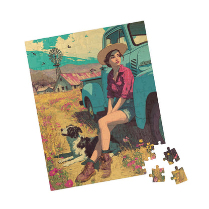 Vintage Farm Life Jigsaw Puzzle – 1950s Girl and Border Collie by Classic Truck, Retro Countryside 110 pcs (Vertical) Puzzle The Puzzle Chest