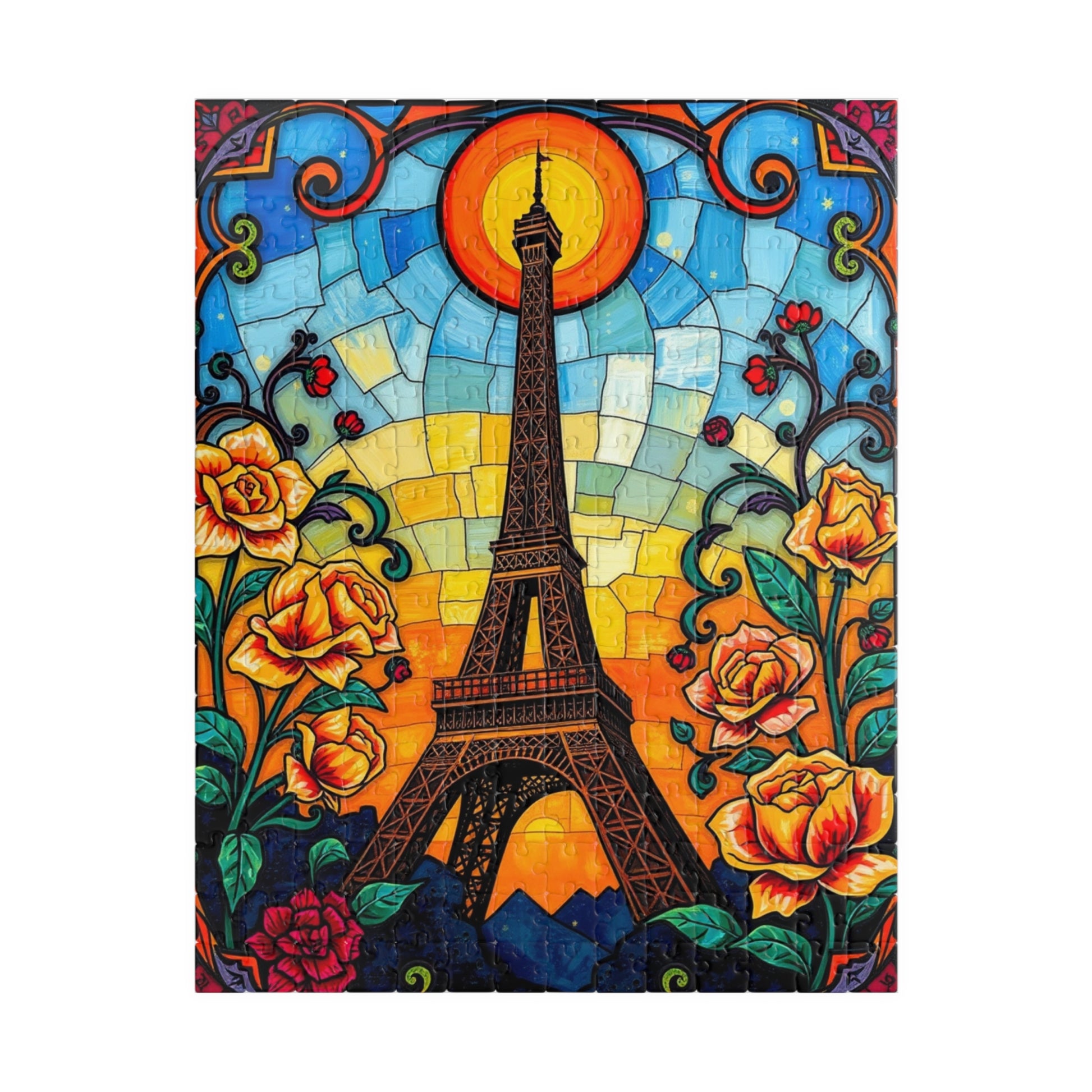 Eiffel Tower Sunset Jigsaw Puzzle, Floral Stained Glass Style, Famous Landmark, Parisian Landscape Art, Relaxing Adult Hobby, Giftable Game 252 pcs (Vertical) Puzzle The Puzzle Chest