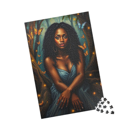Afrocentric Jigsaw Puzzle - Black Woman in Mystical Forest, Fireflies and Butterflies Design, Relaxing Indoor Family or Solo Activity, Gift