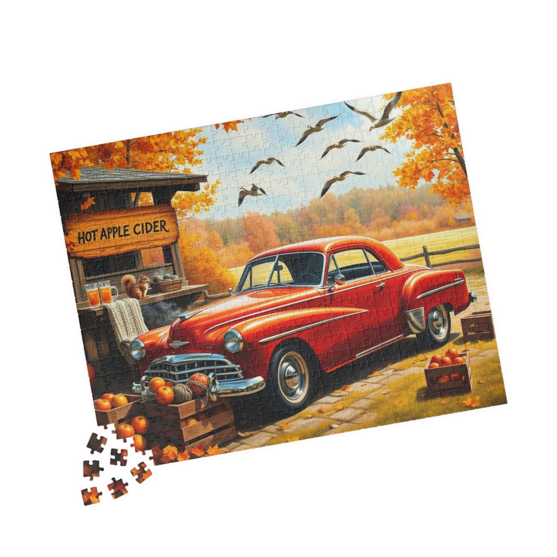 Apple Cider Stand Stop Fall Themed Jigsaw Puzzle - Retro Car Scene, Family Fun Activity, Autumn Decor Gift, Cozy Indoor Entertainment