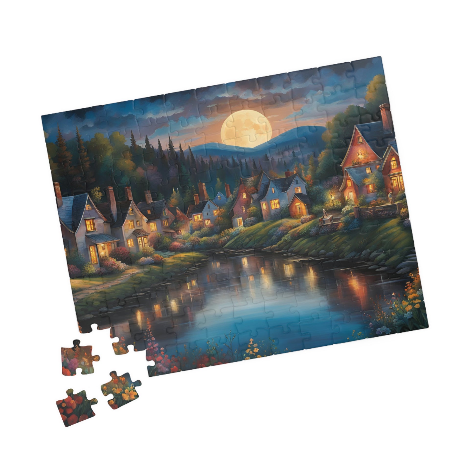 Nighttime Village Landscape Puzzle Gifted, Serene River, Moonlit Backdrop, 520 pcs, Adult, Relaxing Activity, Jigsaw Game, Holiday Present The Puzzle Chest