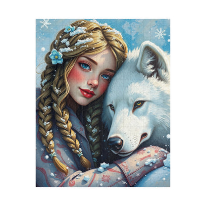 Woman and White Wolf Puzzle Artwork, Winter Theme Animal Lover Gift for Friends Birthday Holiday, Relaxing Activity for Family or Solo Fun, 520 pcs (Vertical) Puzzle The Puzzle Chest