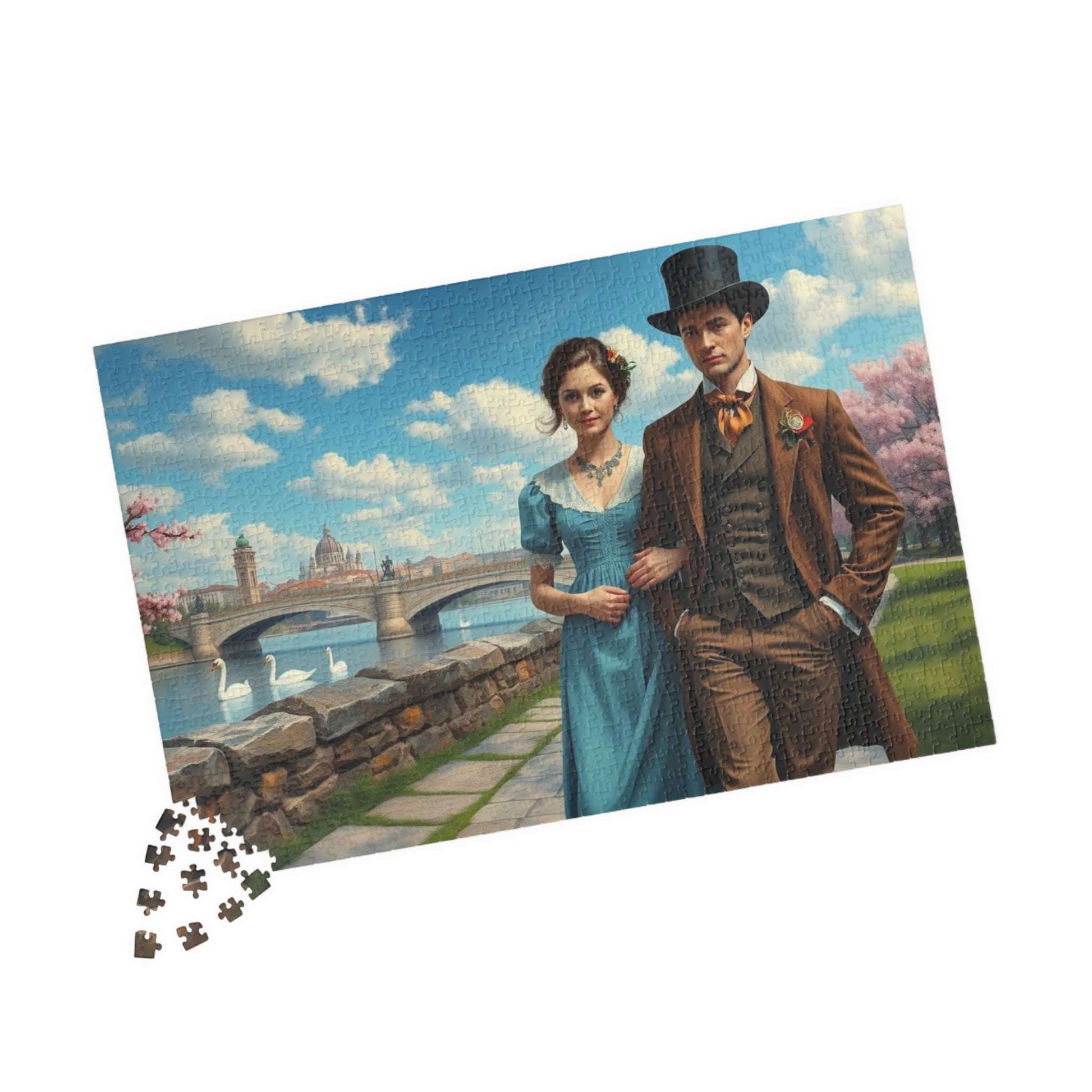 Romantic Stroll by the River - 19th Century Victorian Couple Jigsaw Puzzle with Blossoms, Bridge, and Swans 1014 pcs (Horizontal) Puzzle The Puzzle Chest