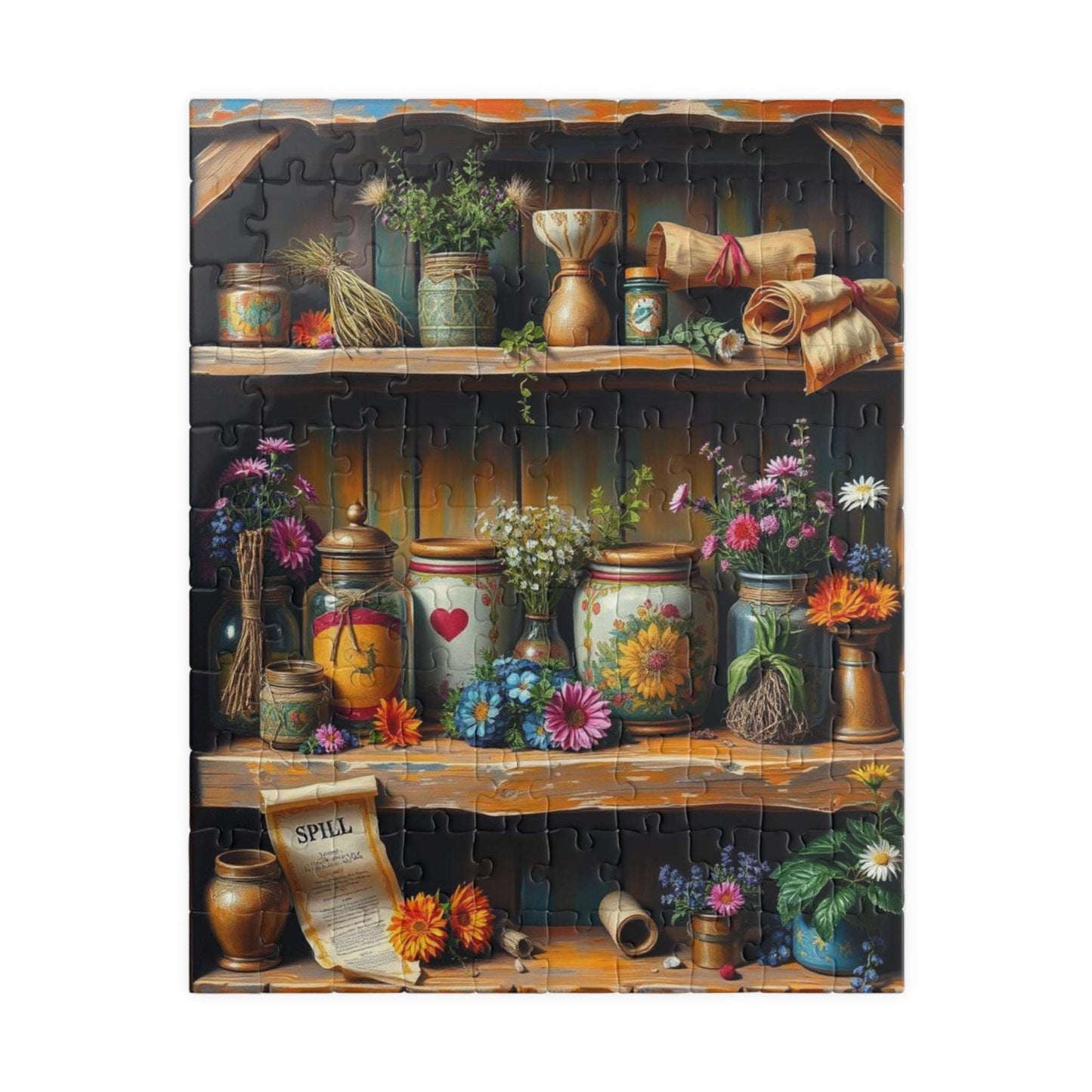 Stitchleaf Spell Shelf Jigsaw Puzzle - Cozy Cottage Folk Art Adult 110-520 Piece Game for Nature Lover, Family Fun, Birthday Gift for Friend 110 pcs (Vertical) Puzzle The Puzzle Chest